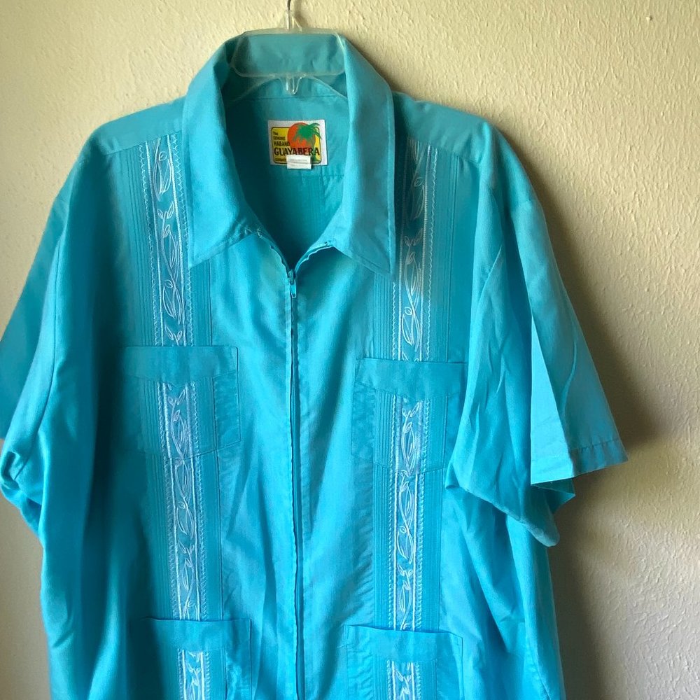 Haband Guayabera Men's Sky Blue White Cuban Cigar Zip Top Shirt size 3…
